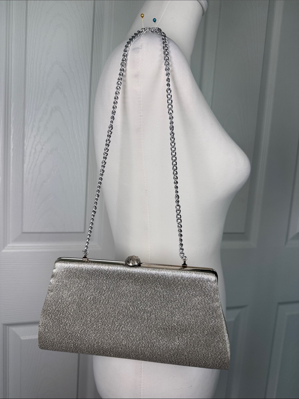 Boho Metallic Silver Evening Clutch beautiful closure & silver chain wedding bag